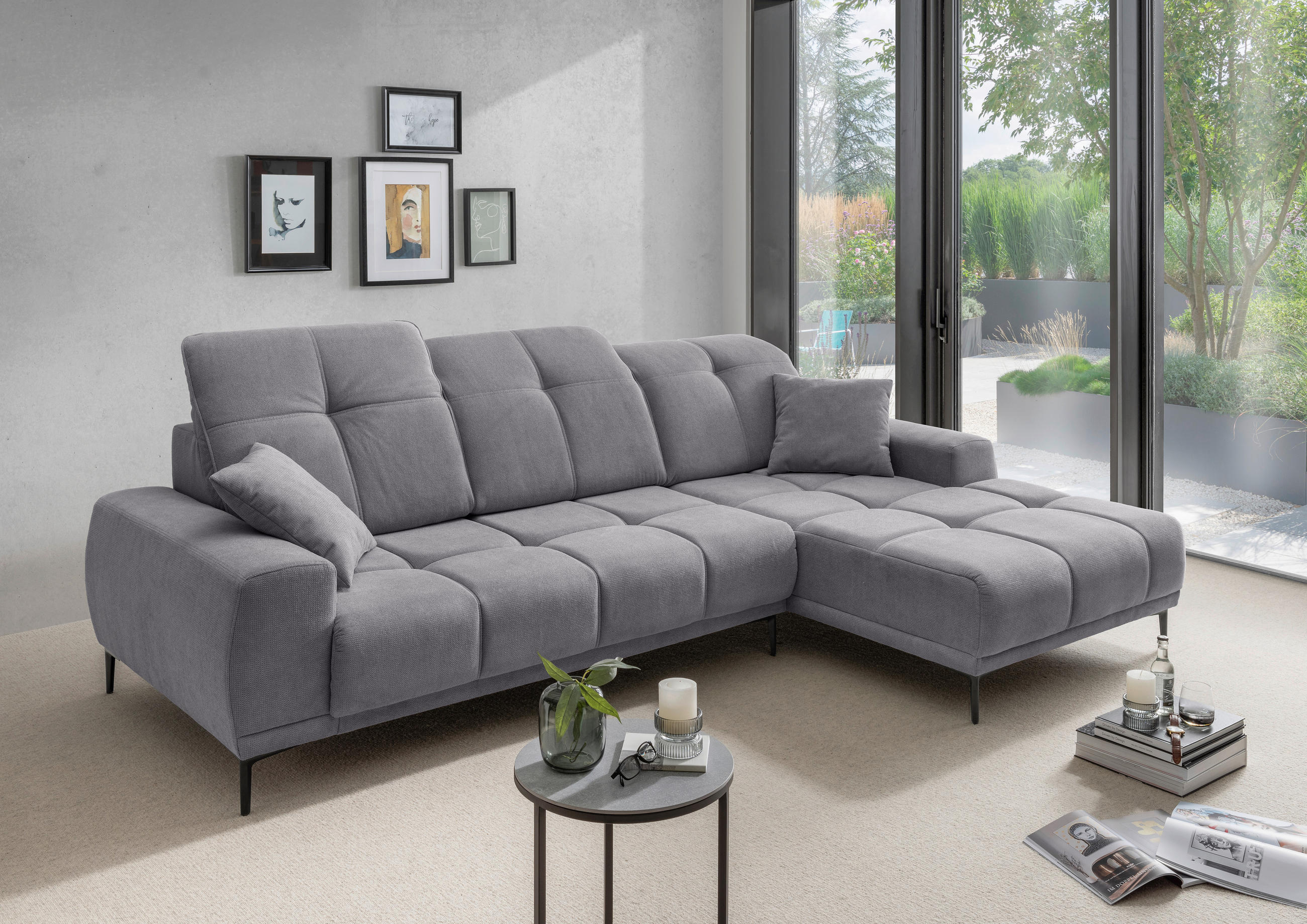 ECKSOFA NESTO Dunkelgrau Chenille Zierkissen, Kopfteilverstellung, Sitztiefenverstellung  - Dunkelgrau/Schwarz, Basics, Textil/Metall (292/187cm) - Livetastic