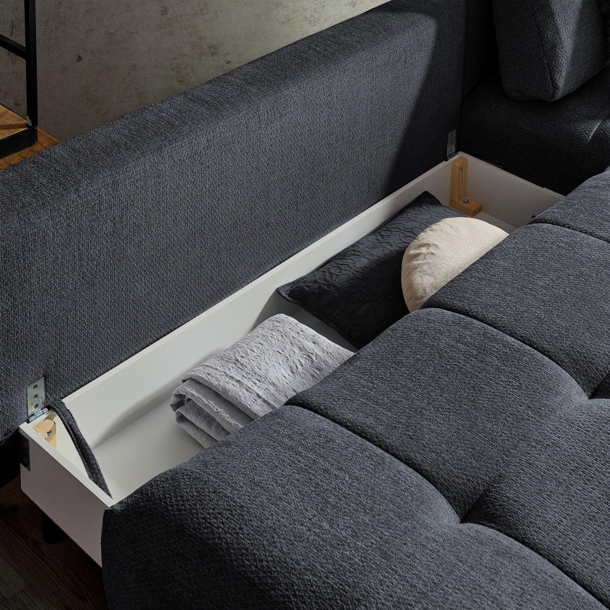 ECKSOFA in Chenille Dunkelblau  - Schwarz/Dunkelblau, Modern, Textil/Metall (290/182cm) - Hom`in