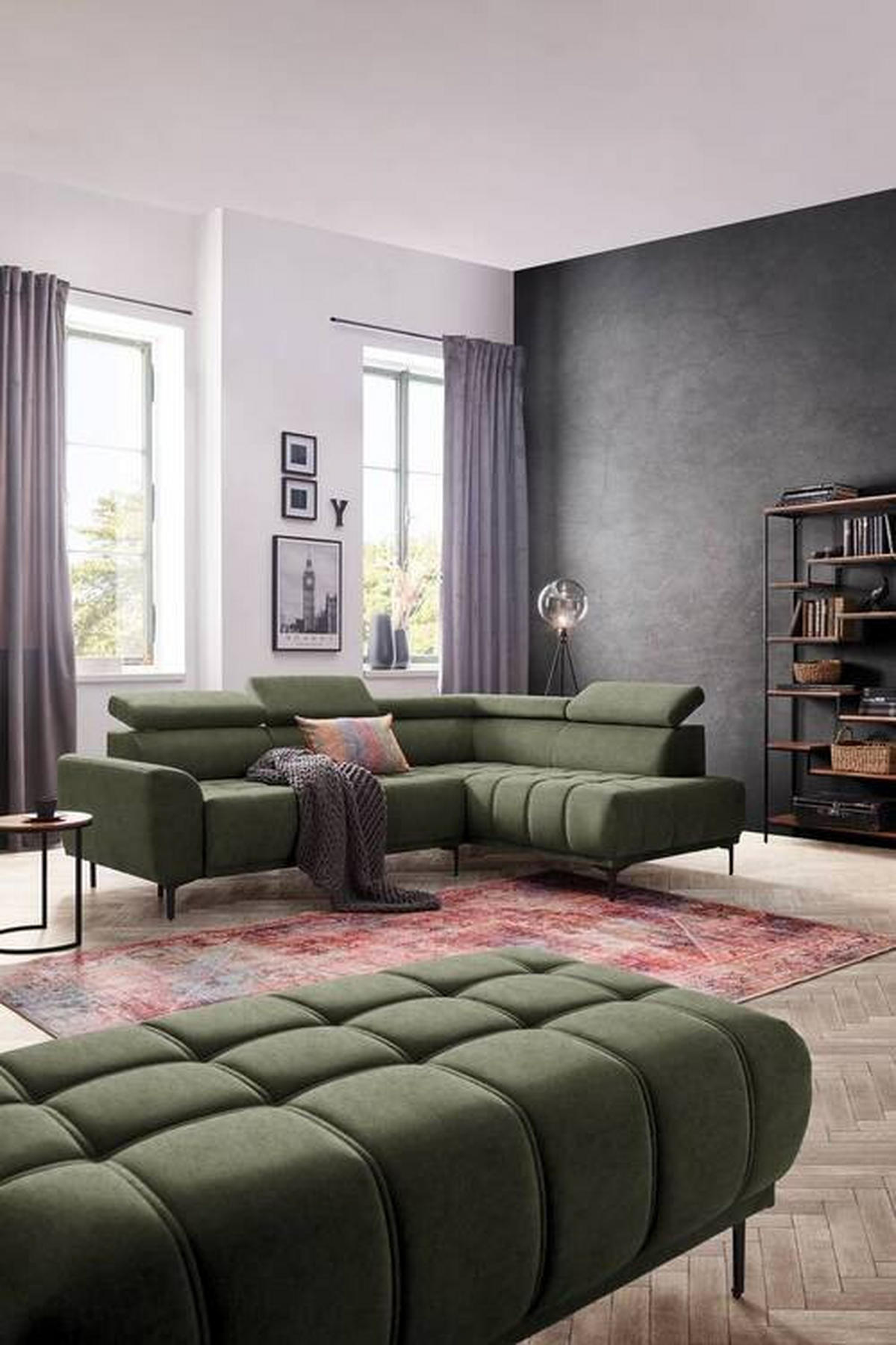 ECKSOFA in Velours Grün  - Schwarz/Grün, Design, Textil/Metall (261/191cm) - Stylife