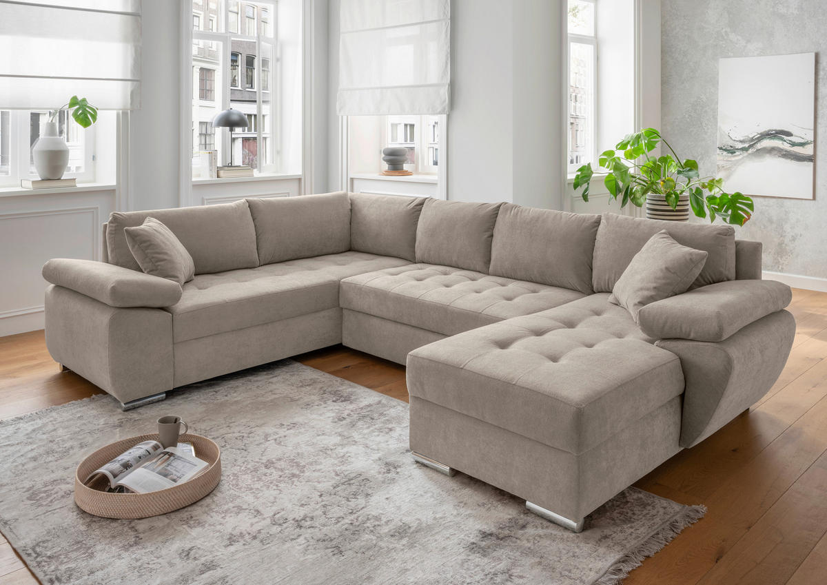 Wohnlandschaft in Mikrofaser Taupe  - couleur chromée/taupe, Konventionell, textile/métal (219/305/157cm) - Livetastic