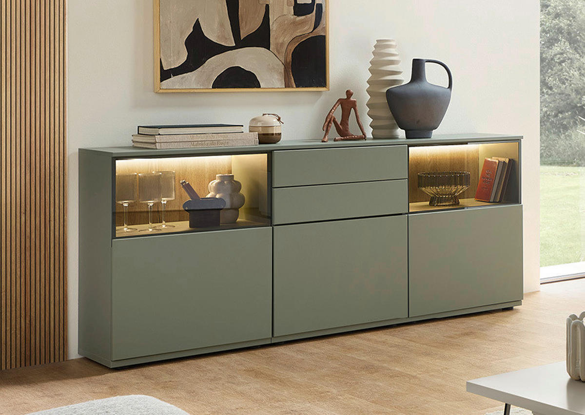 SIDEBOARD Eichefarben, Schilfgrün  180/85/40 cm  - Schilfgrün/Eichefarben, KONVENTIONELL, Glas/Holzwerkstoff (180/85/40cm) - Venda