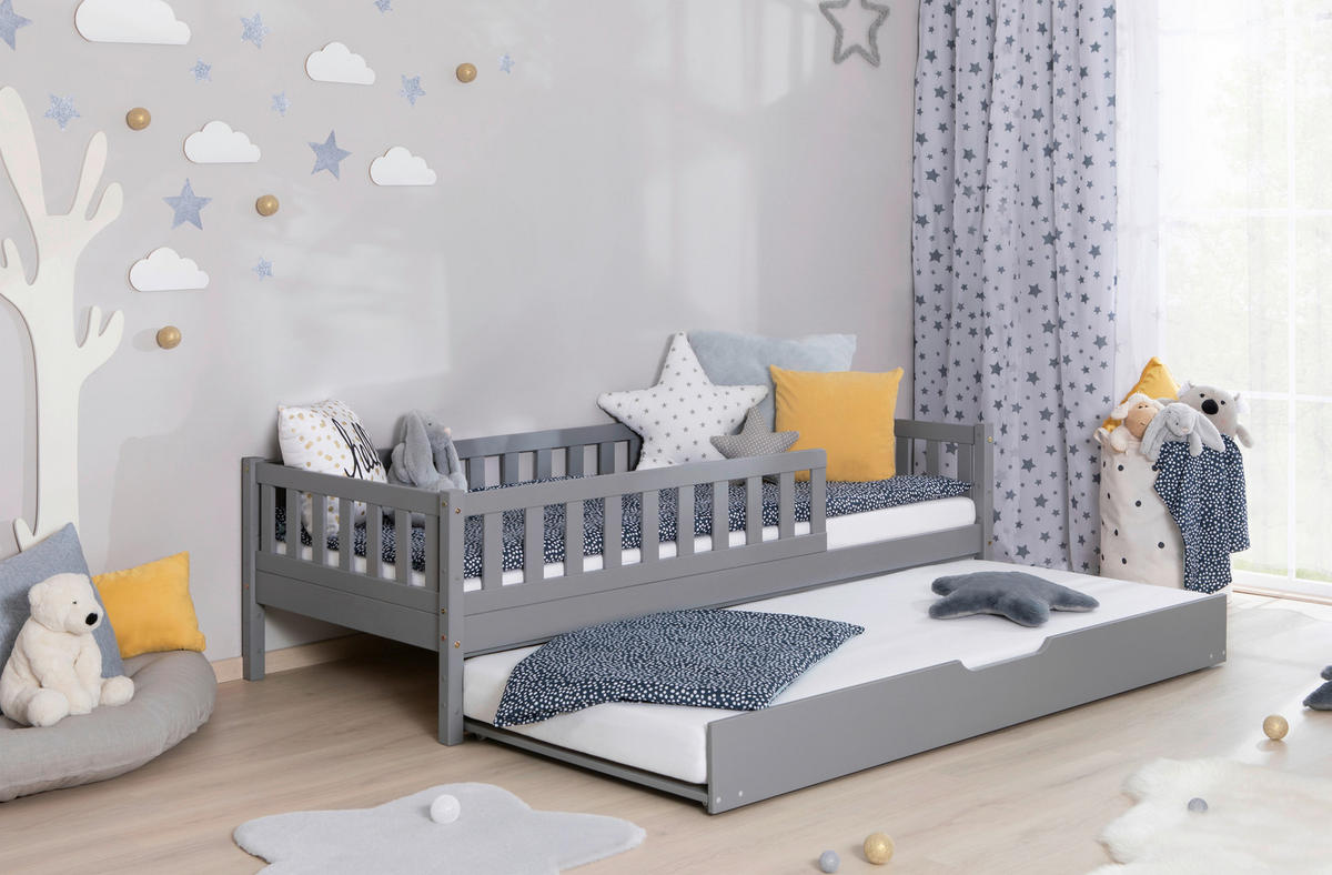 HAUSBETT  in Hellgrau, Absturzsicherung, Matratze, Rollrost, Bettkasten  - Hellgrau/Weiß, MODERN, Holz/Textil (90/200cm) - MID.YOU