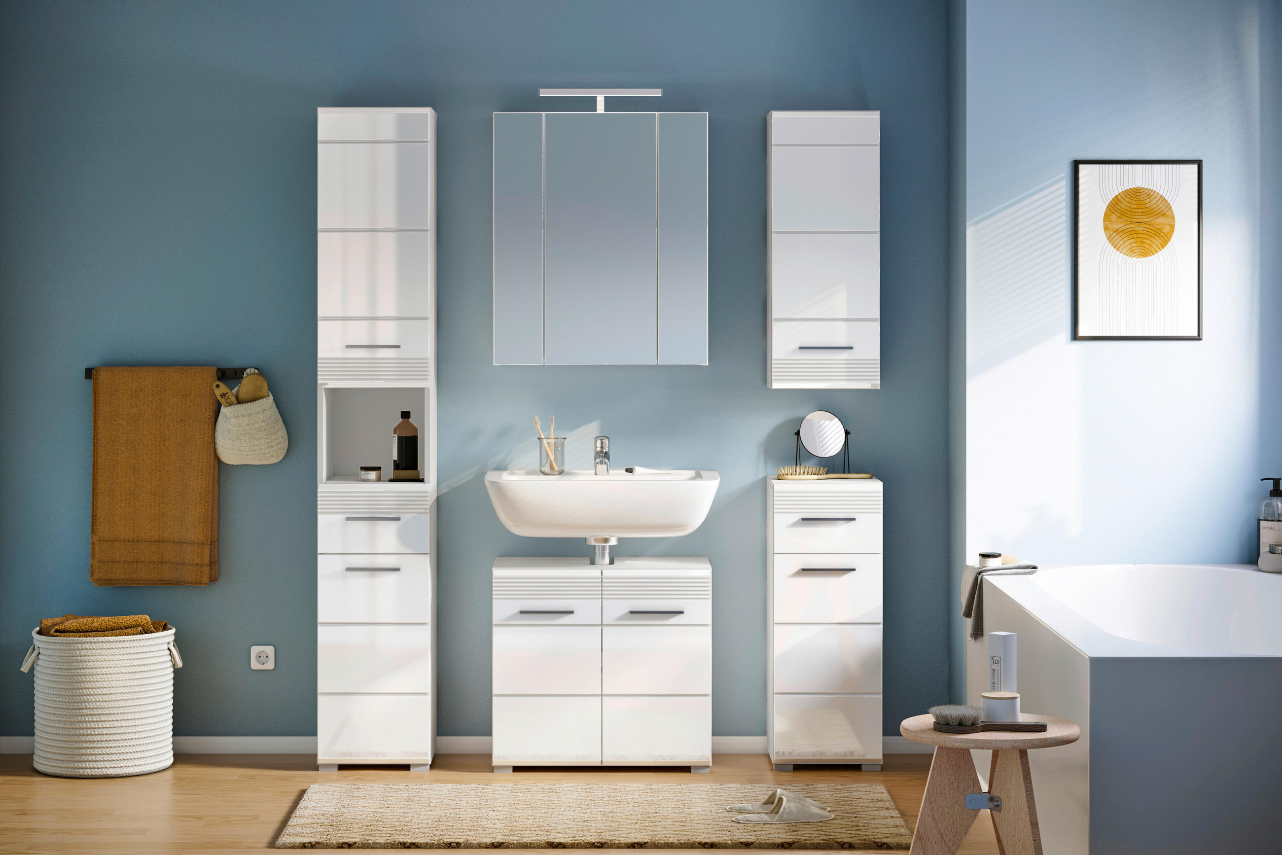 BADEZIMMER 5-teilig  in 120 cm  - Weiß Hochglanz/Silberfarben, MODERN, Glas/Holzwerkstoff (120cm) - MID.YOU