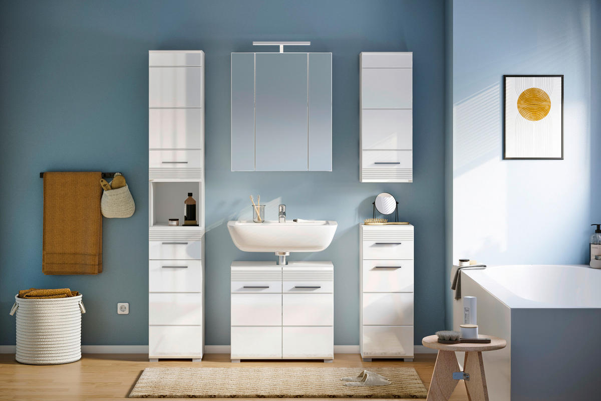 BADEZIMMER 5-teilig  in 120 cm  - Weiß Hochglanz/Silberfarben, MODERN, Glas/Holzwerkstoff (120cm) - MID.YOU