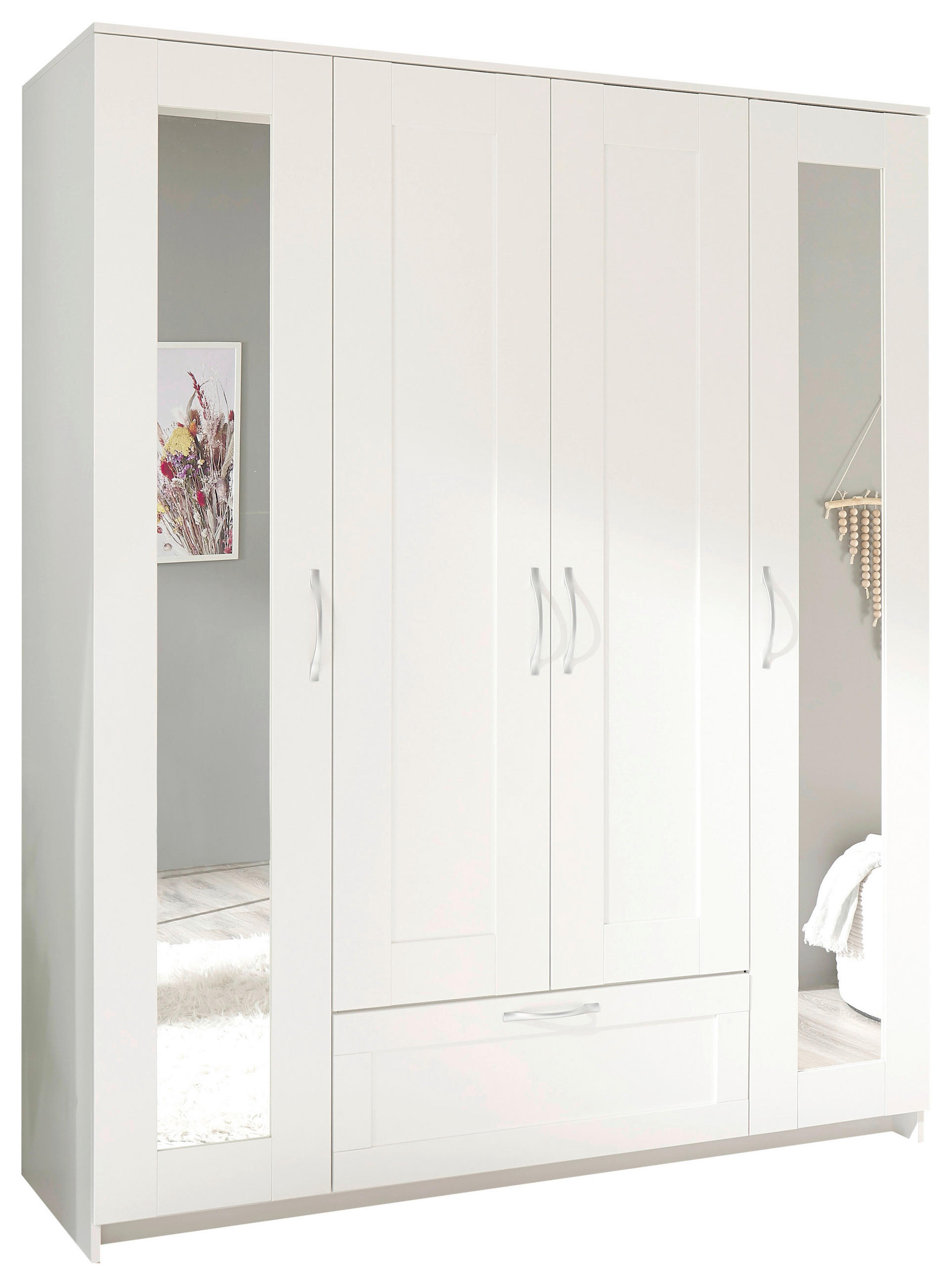 KLEIDERSCHRANK 156/191/50 cm 4-türig Weiß  - Alufarben/Weiß, KONVENTIONELL, Glas/Holzwerkstoff (156/191/50cm) - Boxxx