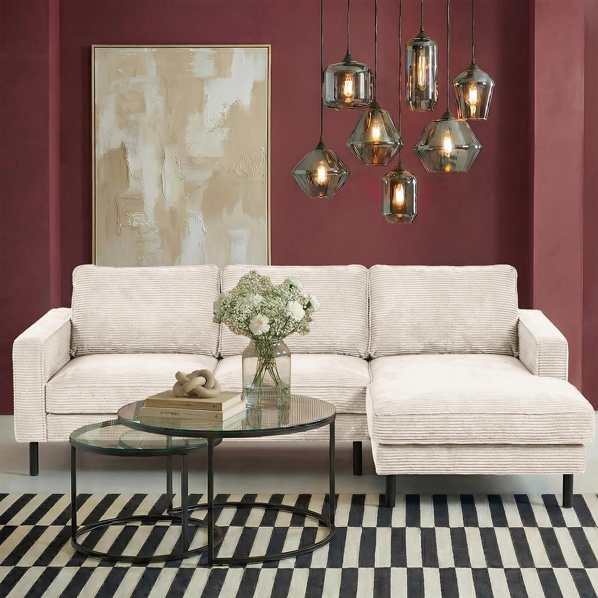 ECKSOFA Cord Creme  - Creme/Schwarz, Design, Textil/Metall (238/166cm) - Livetastic
