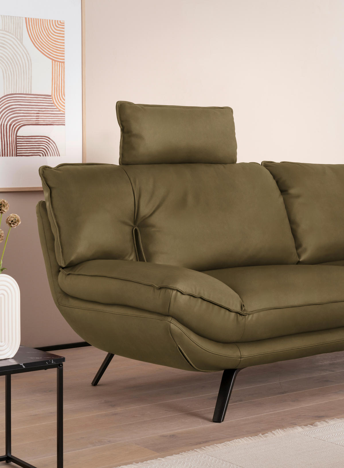 3-SITZER-SOFA in Leder Olivgrün  - Schwarz/Olivgrün, Design, Leder/Metall (226/95/95cm) - Celina