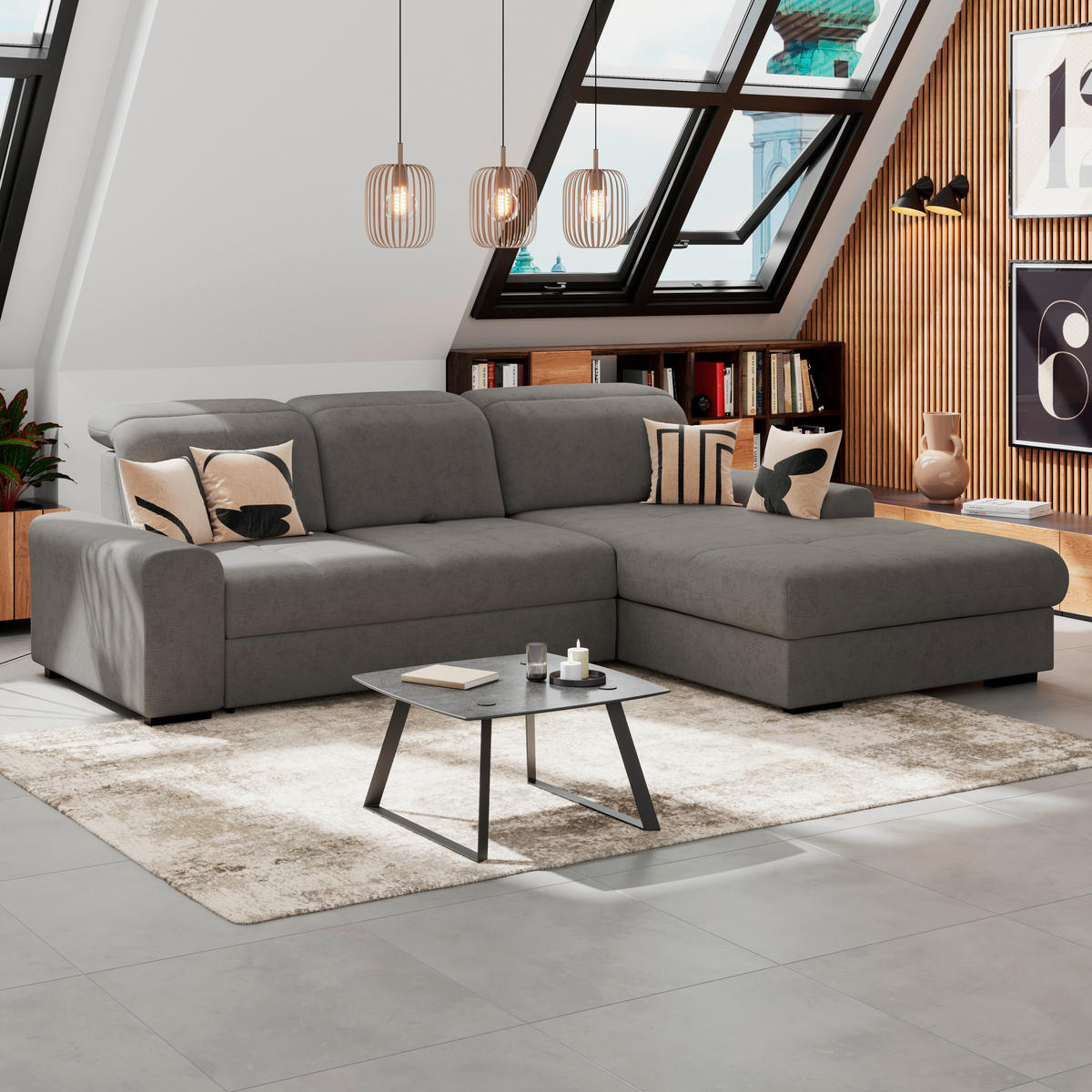 ECKSOFA Anthrazit Chenille Rücken echt, Kopfteilverstellung  - Anthrazit/Schwarz, KONVENTIONELL, Holz/Textil (286/203cm) - MID.YOU