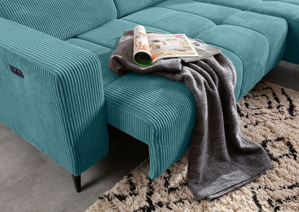 ECKSOFA Petrol Cord Rücken echt, Kopfteilverstellung, Sitzvorzug  - Petrol/Schwarz, KONVENTIONELL, Textil/Metall (257/170cm) - Carryhome