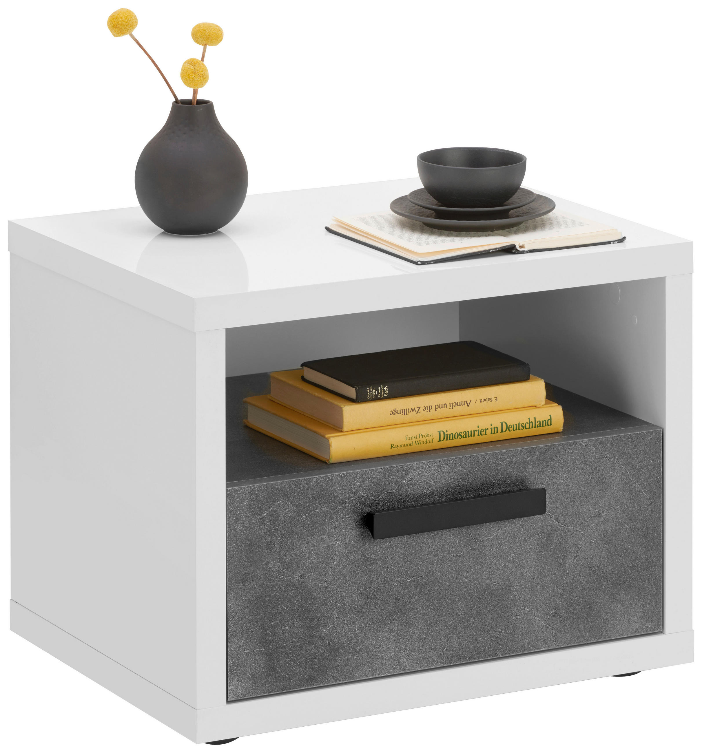 NACHTSCHRANK  - Schieferfarben/Weiß Hochglanz, Design, Holzwerkstoff/Kunststoff (52/44/41cm) - Xora