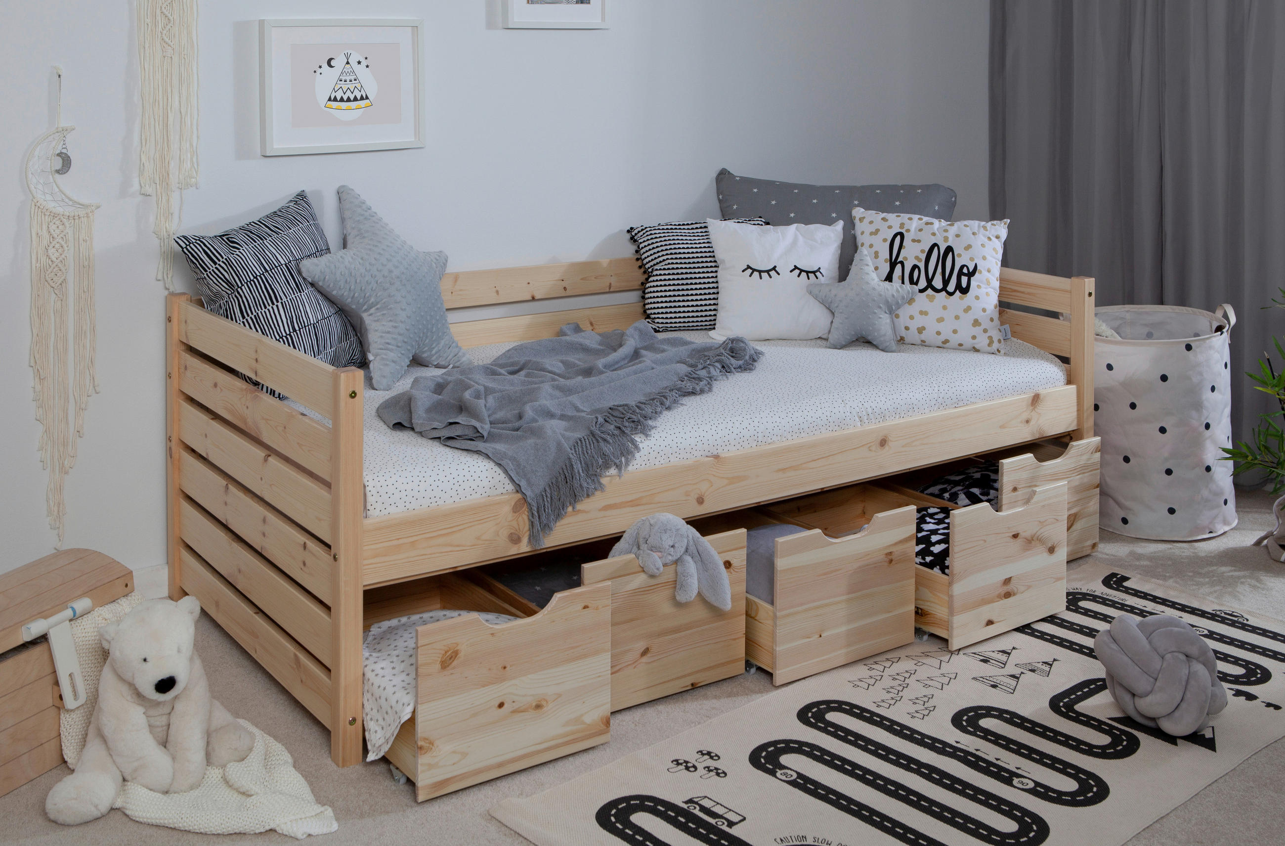 Thumbnail - Mid.you Stauraumbett, Natur, Holz, Kiefer, massiv, 5 Schublade(n) Schubladen, 90x200 cm, für Rollrost geeignet, Schlafzi...