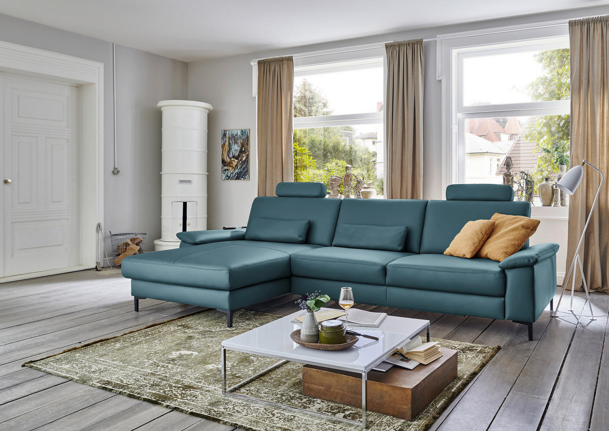 ECKSOFA Echtleder Blau  - Blau/Schwarz, Design, Leder/Metall (176/334cm) - Dieter Knoll