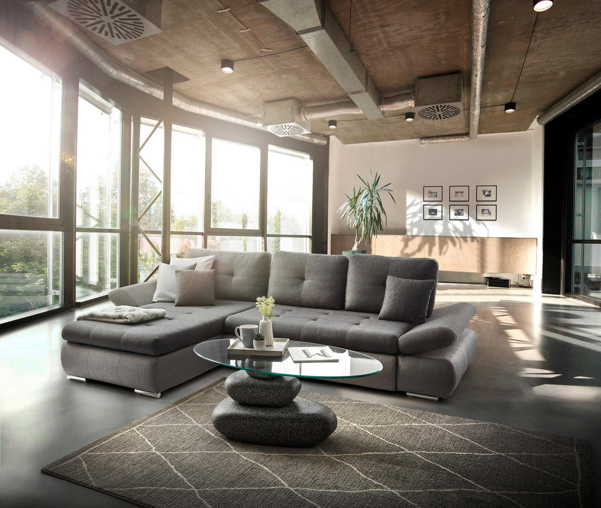 ECKSOFA in Webstoff Hellgrau, Anthrazit  - Chromfarben/Anthrazit, Design, Kunststoff/Textil (302/187cm) - Carryhome