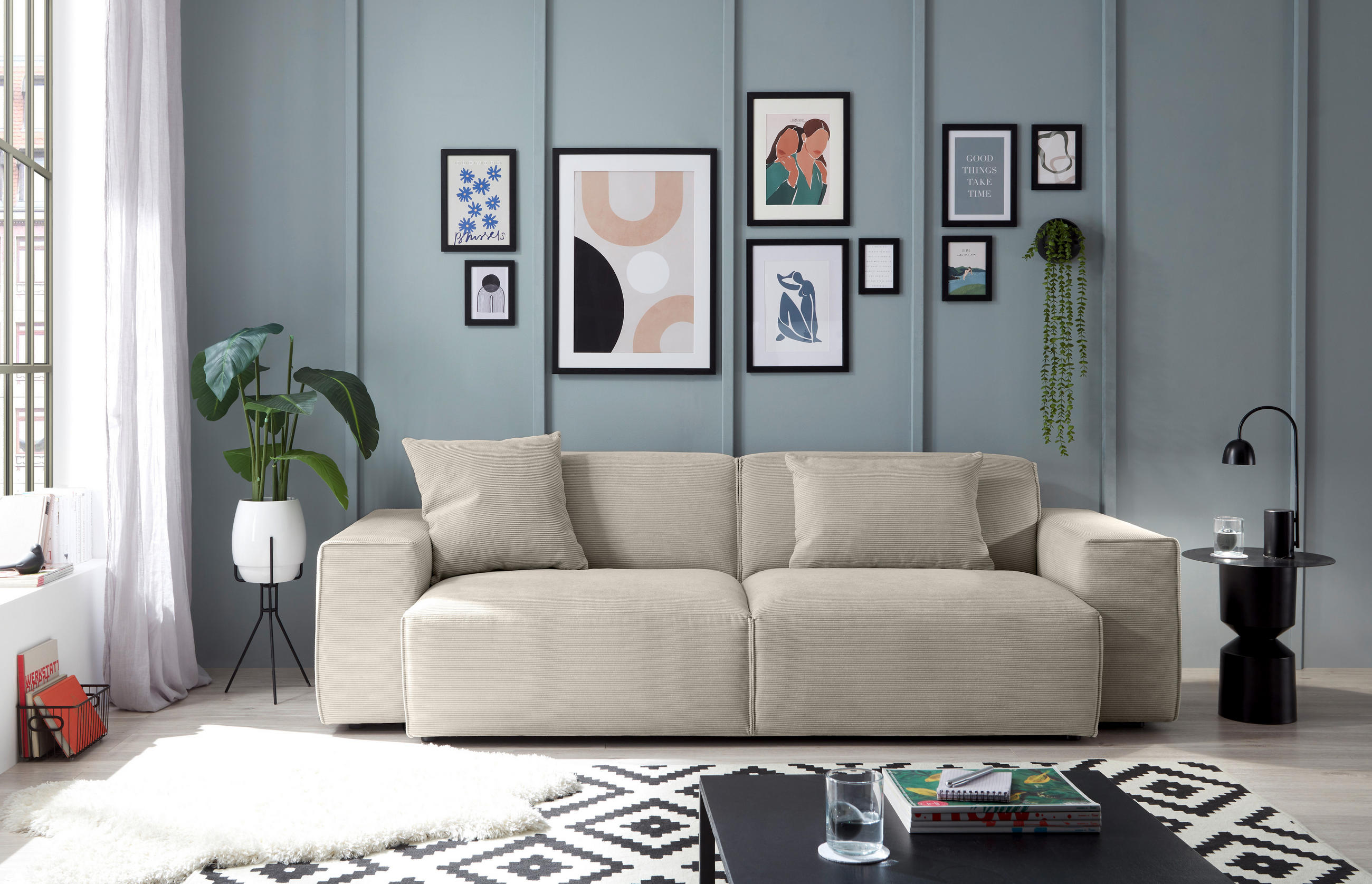 3-SITZER-SOFA Cord Sandfarben  - Sandfarben/Schwarz, Design, Kunststoff/Textil (236/71/101cm) - Pure Home Lifestyle