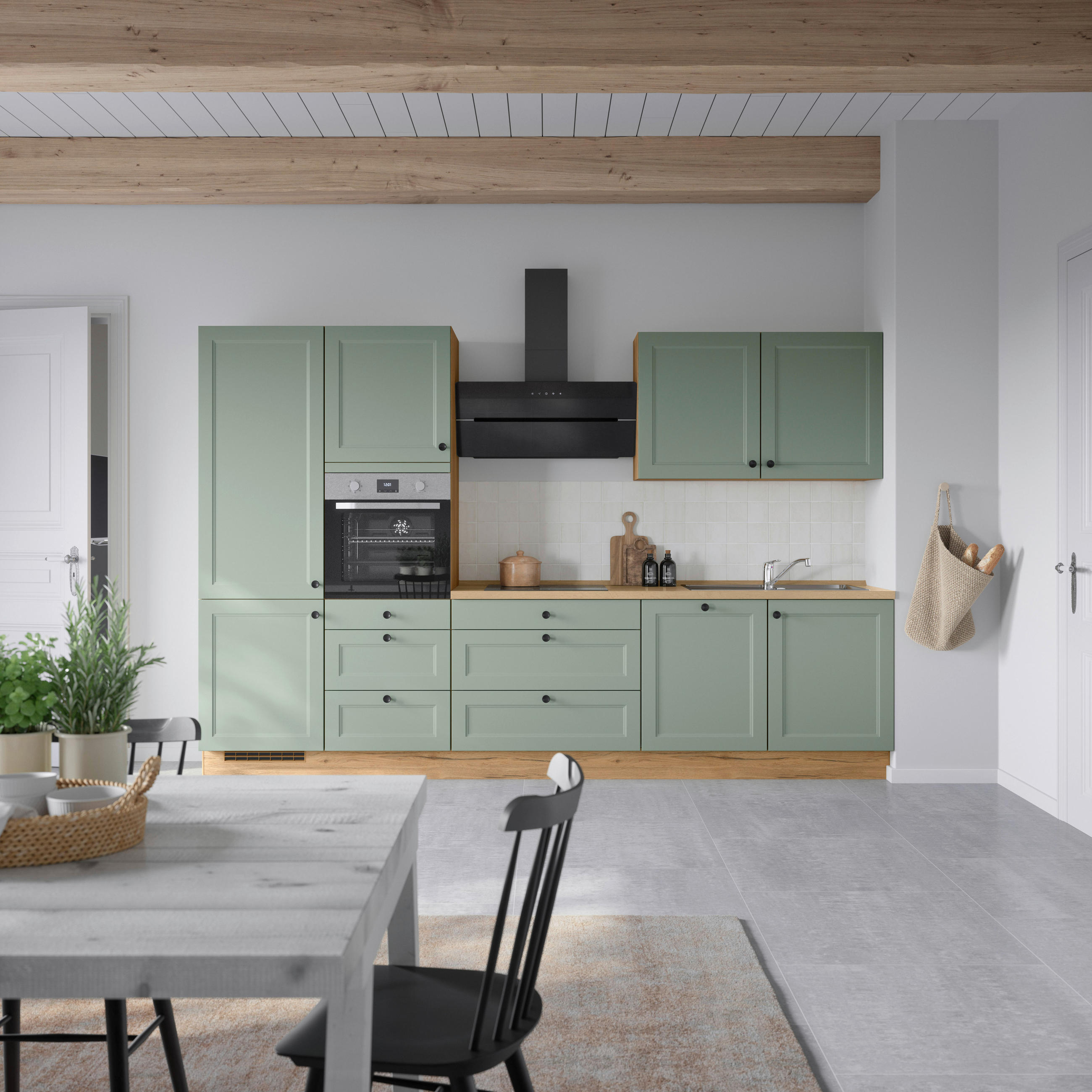 KÜCHENBLOCK 330 cm   in Eichefarben, Schilfgrün  - Schilfgrün/Eichefarben, MODERN, Holzwerkstoff/Metall (330cm) - Nobilia