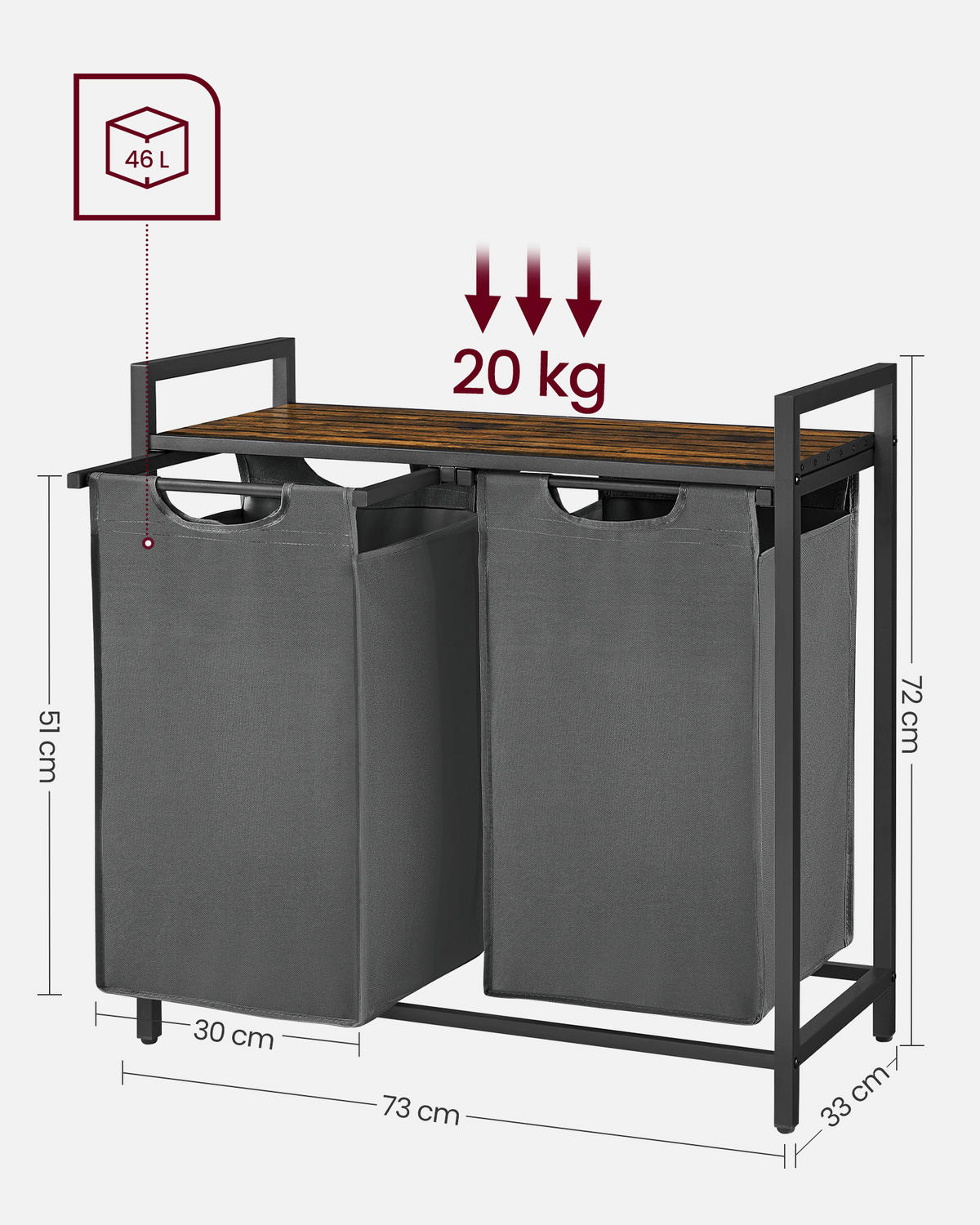 WÄSCHEKORB - Schwarz/Braun, Trend, Holzwerkstoff/Textil (73/72/33cm) - MID.YOU