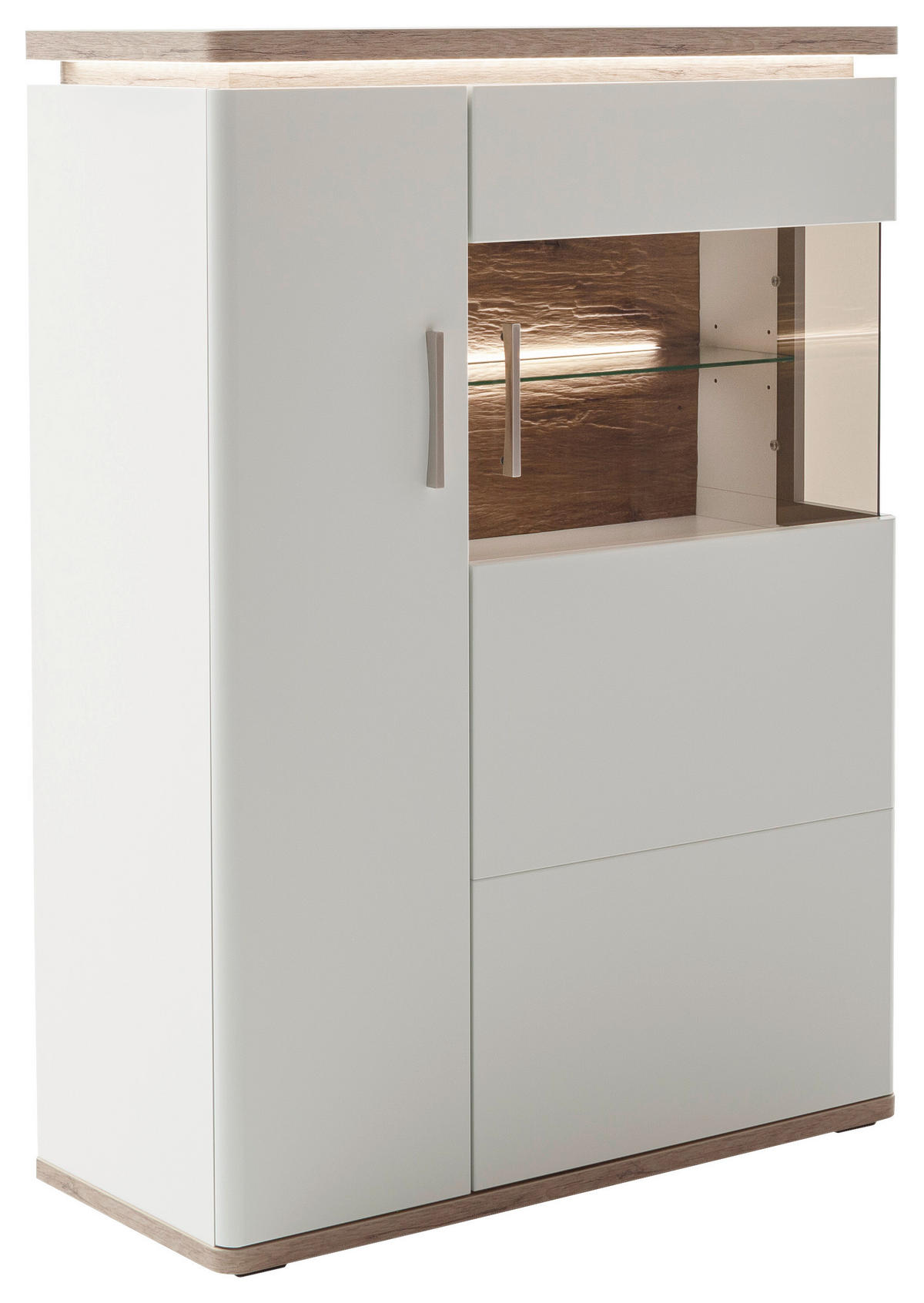 HIGHBOARD Tbilisi  in 90/124/38 cm  - Weiss/Eichefarben, Design, Glas/Holzwerkstoff (90/124/38cm) - Livetastic