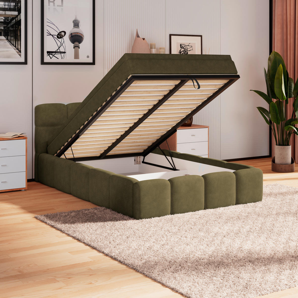 POLSTERBETT 120/200 cm,  in Grün, Matratze, Bettkasten, H3 = fest  - Schwarz/Weiß, Trend, Kunststoff/Textil (120/200cm)
