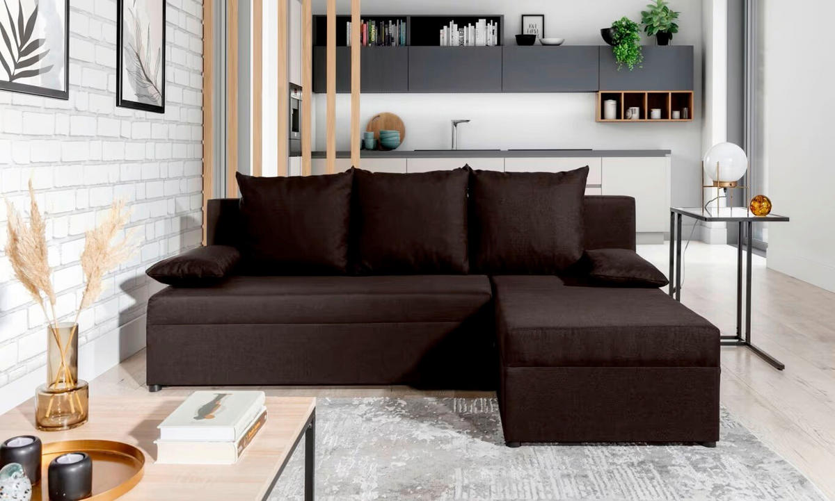 ECKSOFA Webstoff Dunkelbraun  - Dunkelbraun/Schwarz, Design, Kunststoff/Textil (201/143cm) - MID.YOU