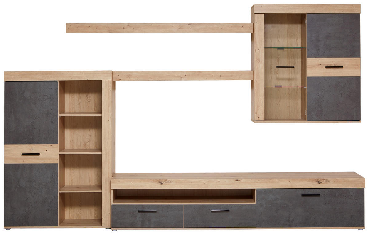 WOHNWAND  in Eiche Artisan 300/200,9/41 cm  - Schwarz/Eiche Artisan, Design, Glas/Holzwerkstoff (300/200,9/41cm) - Carryhome
