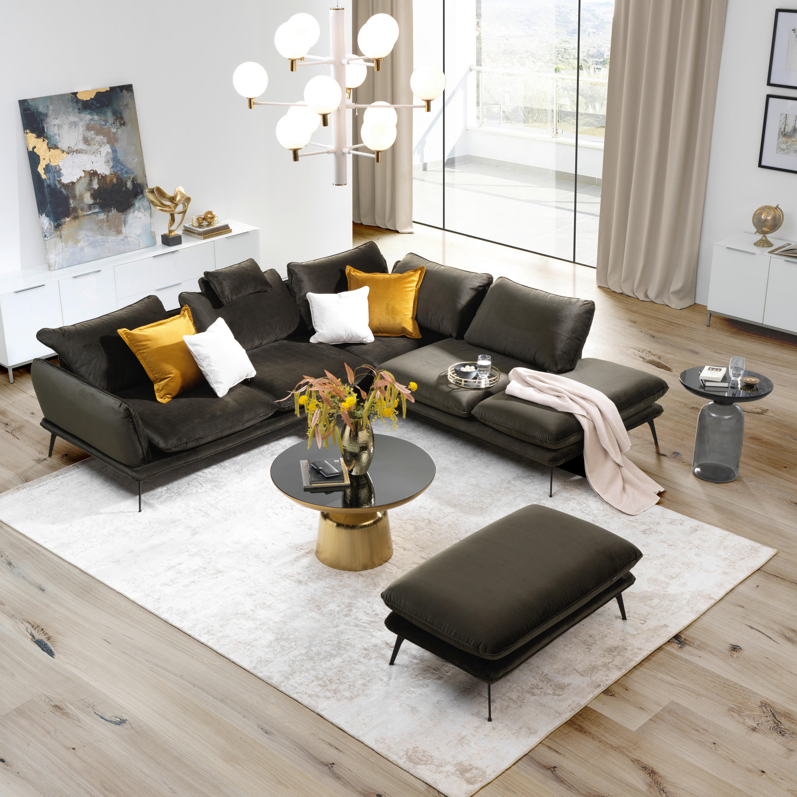 HÖRNSOFFA i velour mörkgrön - svart/mörkgrön, Design, metall/textil (252/285cm) - Best Price