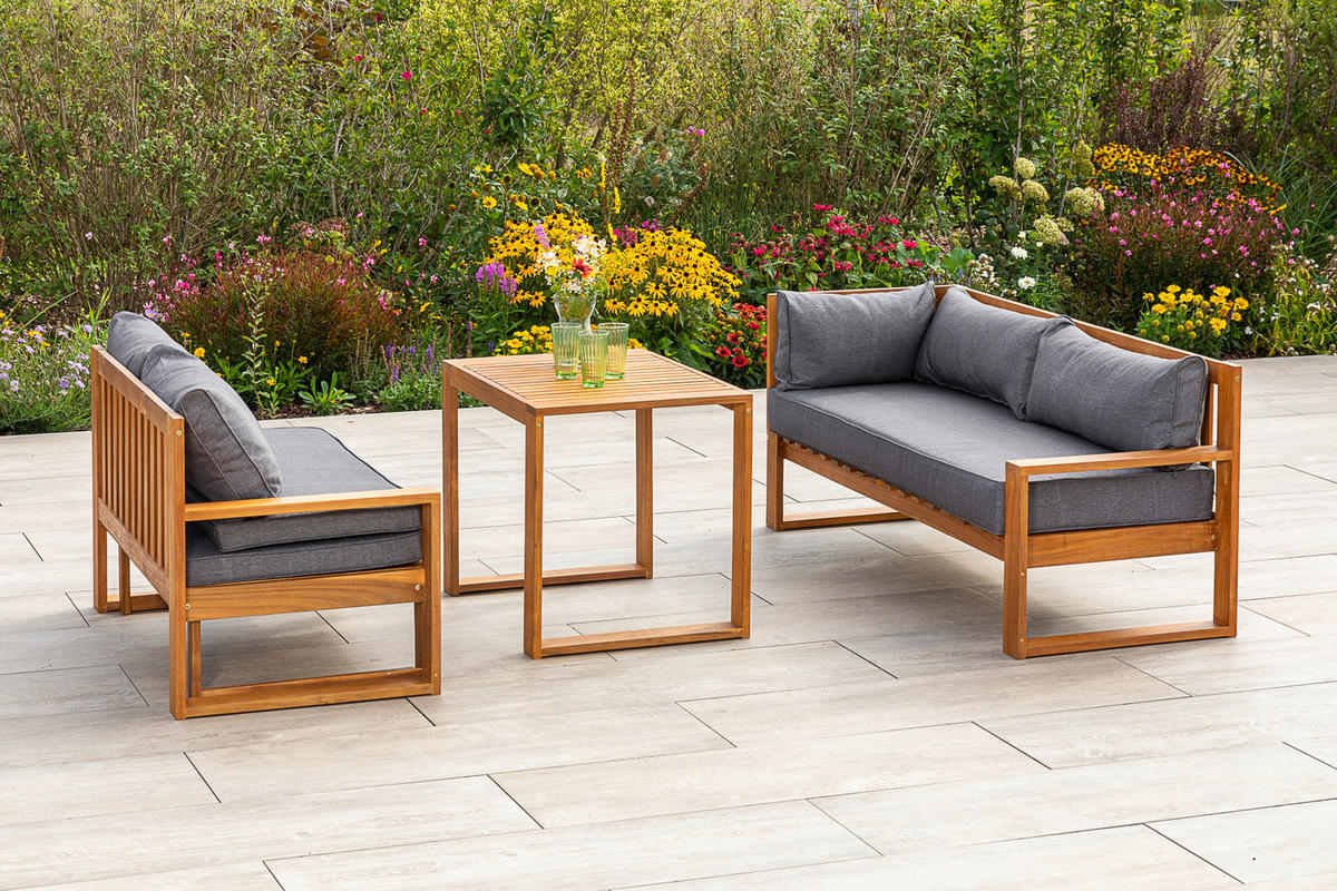 LOUNGEGARNITUR Akazie massiv  - Naturfarben/Grau, MODERN, Holz (182/166/62,5cm) - Gardenson