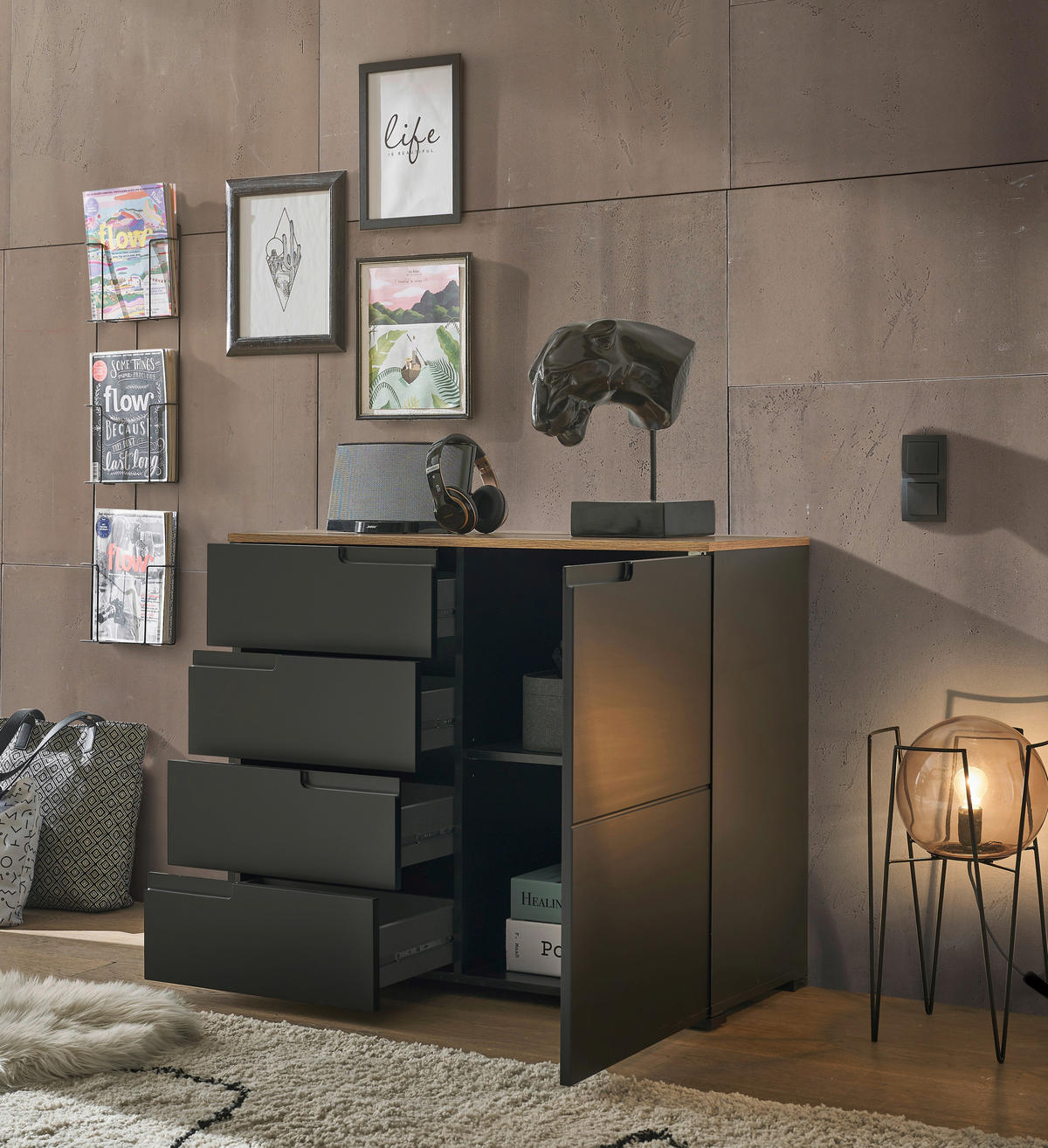 KOMMODE  in 100/80/40 cm  - Eichefarben/Schwarz, Design, Holzwerkstoff/Kunststoff (100/80/40cm) - home24