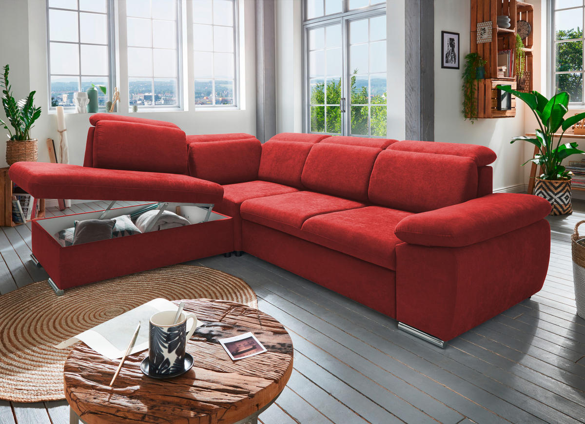 ECKSOFA Rot Mikrofaser  - Chromfarben/Rot, Design, Textil/Metall (228/283cm) - Livetastic