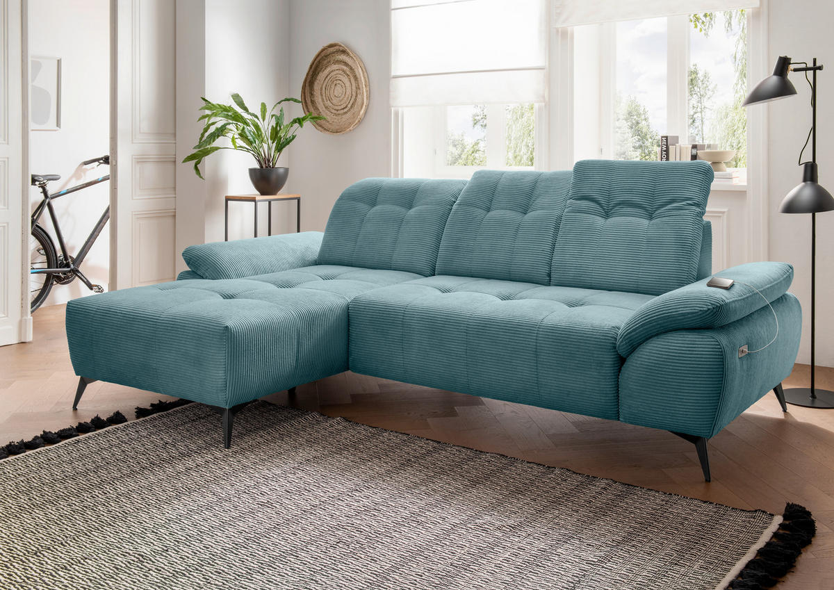 ECKSOFA FIORE in Cord Petrol Kopfteilverstellung, Sitzvorzug  180/280 cm  - Petrol/Schwarz, MODERN, Textil/Metall (180/280cm) - Livetastic