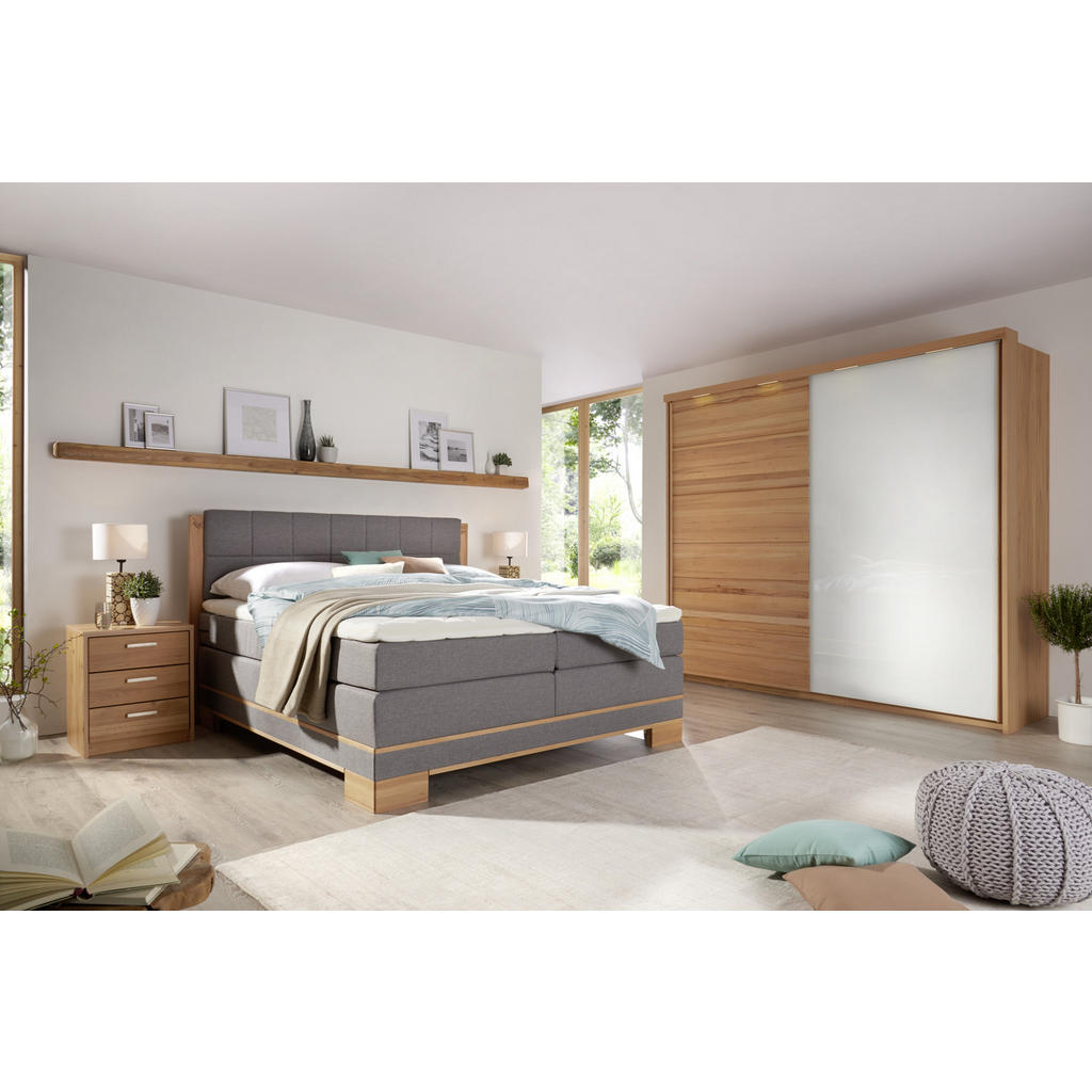 Thumbnail - Linea Natura Boxspringbett, Grau, Buche, Textil, Kernbuche, massiv, H2, 7-Zonen, Höhe ca. 18 cm, 160x200 cm, Federkernma...