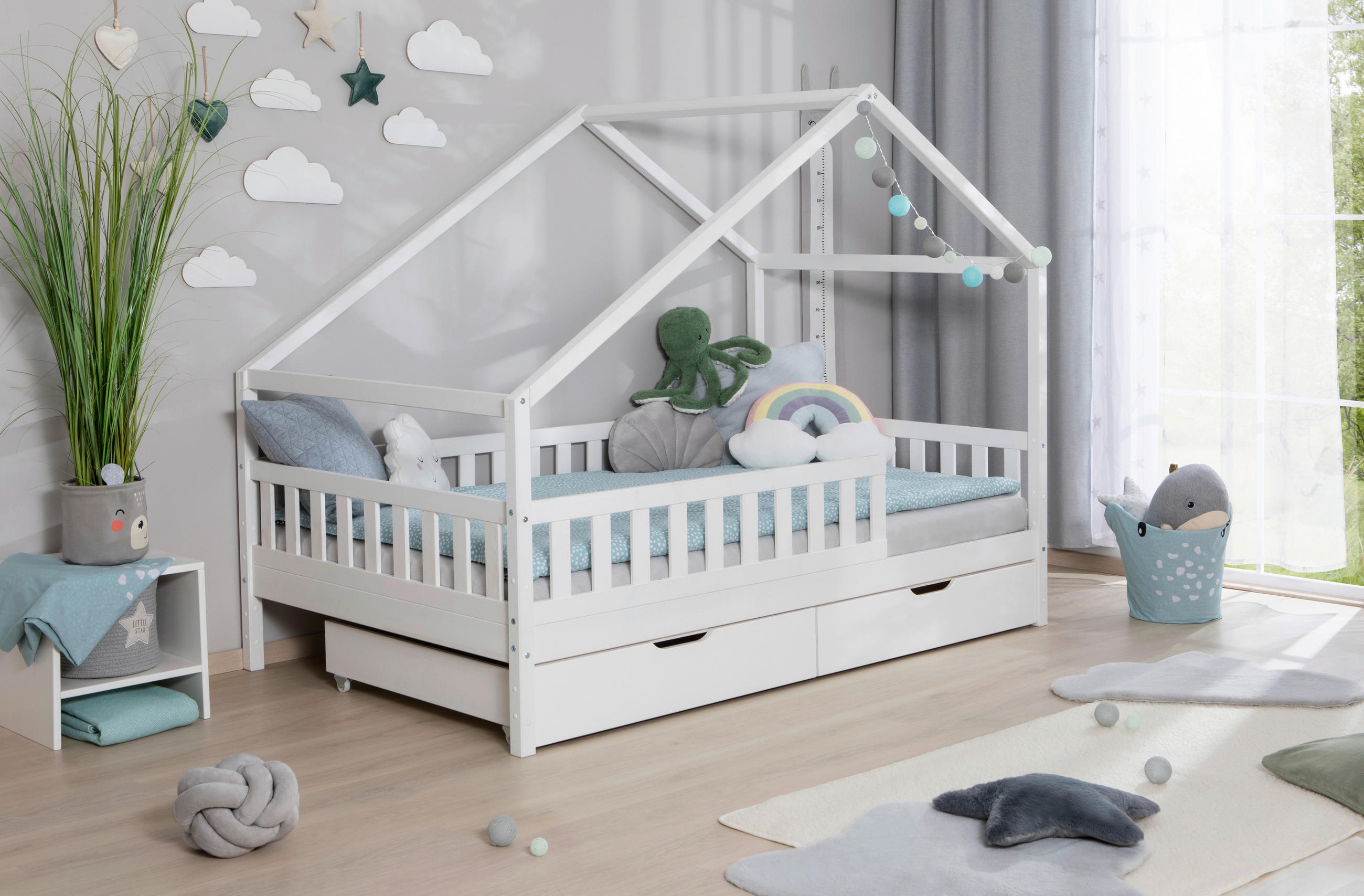 HAUSBETT Absturzsicherung, Matratze, Rollrost, Bettschublade 140/200 cm  - Weiß/Naturfarben, MODERN, Holz/Textil (140/200cm) - MID.YOU