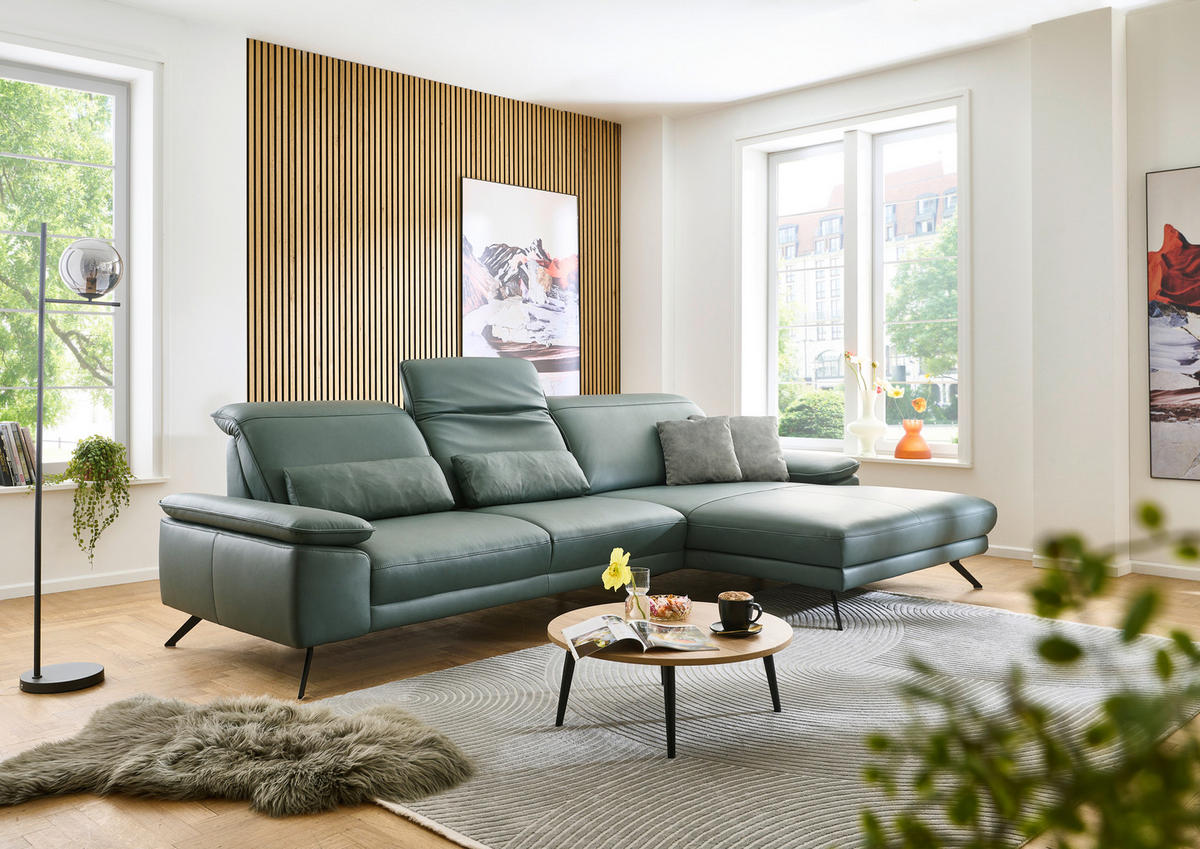 ECKSOFA Opal Echtleder  - Opal/Schwarz, Design, Leder/Metall (332/193cm) - Dieter Knoll