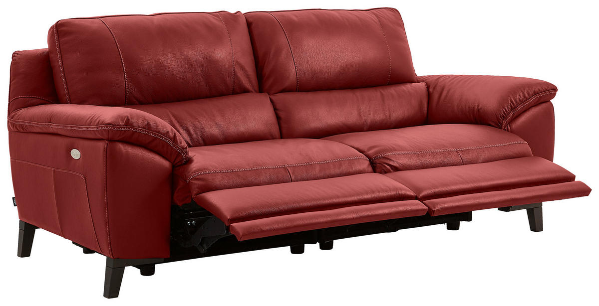 2,5-SITZER mit Relaxfunktion in Kombination Echtleder/Lederlook Rot  - Wengefarben/Rot, Design, Leder/Holz (216/97/95-151cm) - Livetastic