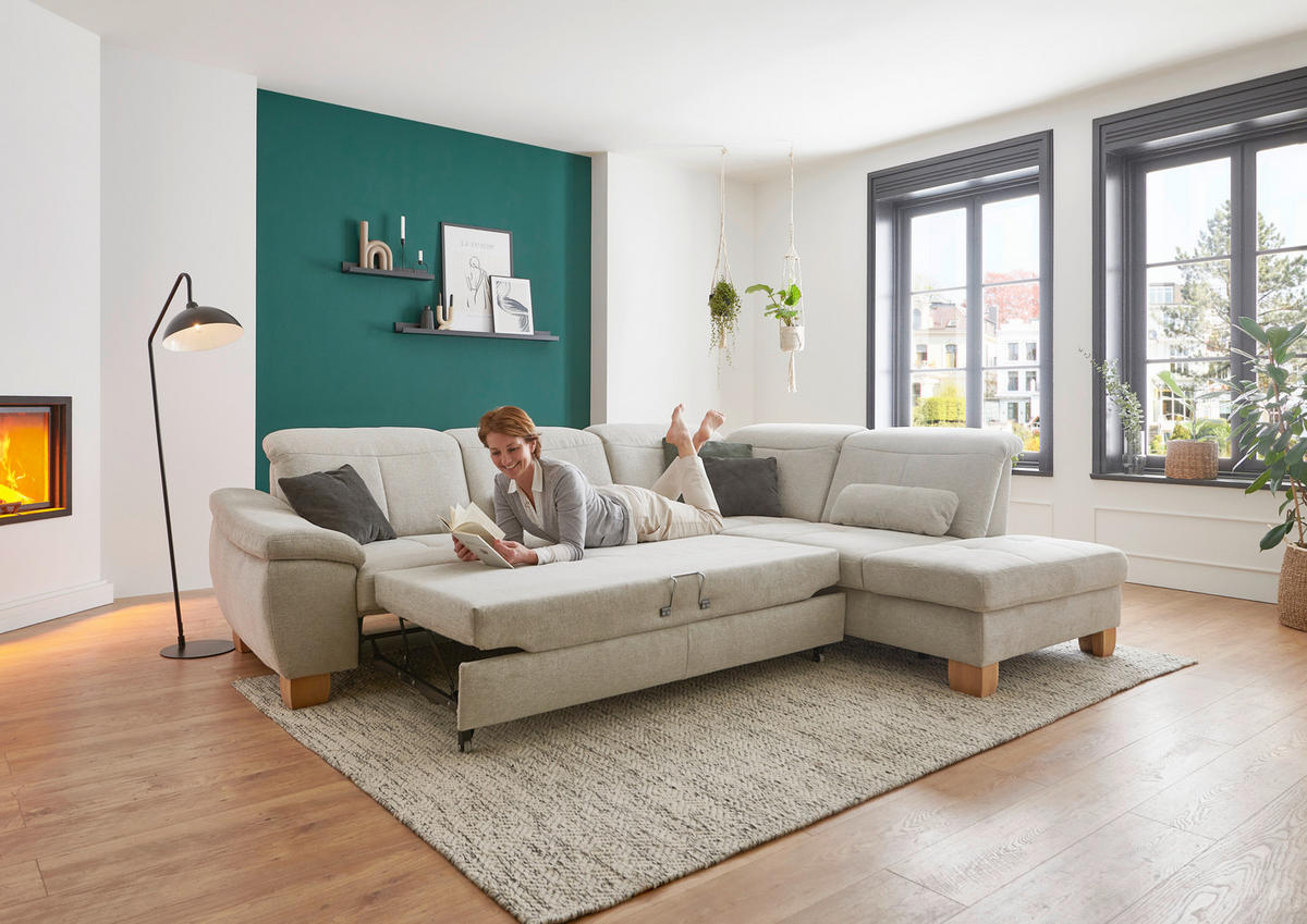 ECKSOFA in Flachgewebe Ecru  - Wildeiche/Ecru, Natur, Holz/Textil (243/301cm) - Voleo