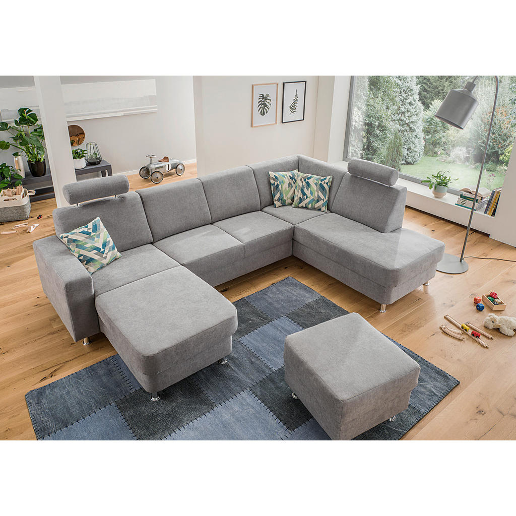 Thumbnail - Xora Wohnlandschaft, Grau, Textil, 7-Sitzer, nicht einzeln stellbar, U-Form, 301x198 cm, Goldenes M, Typenauswahl, Fußau...