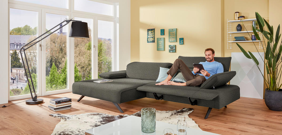 ECKSOFA in Flachgewebe Graubraun  - Anthrazit/Graubraun, Design, Textil/Metall (166/280cm) - Johann Jakob