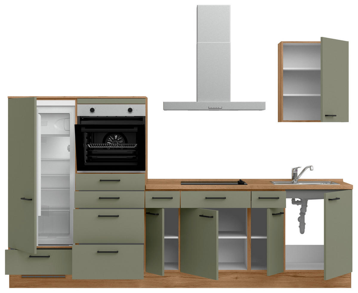KÜCHENBLOCK Senso 300 cm  in Eichefarben, Olivgrün  - Eichefarben/Schwarz, MODERN, Holzwerkstoff/Metall (300cm) - Nobilia