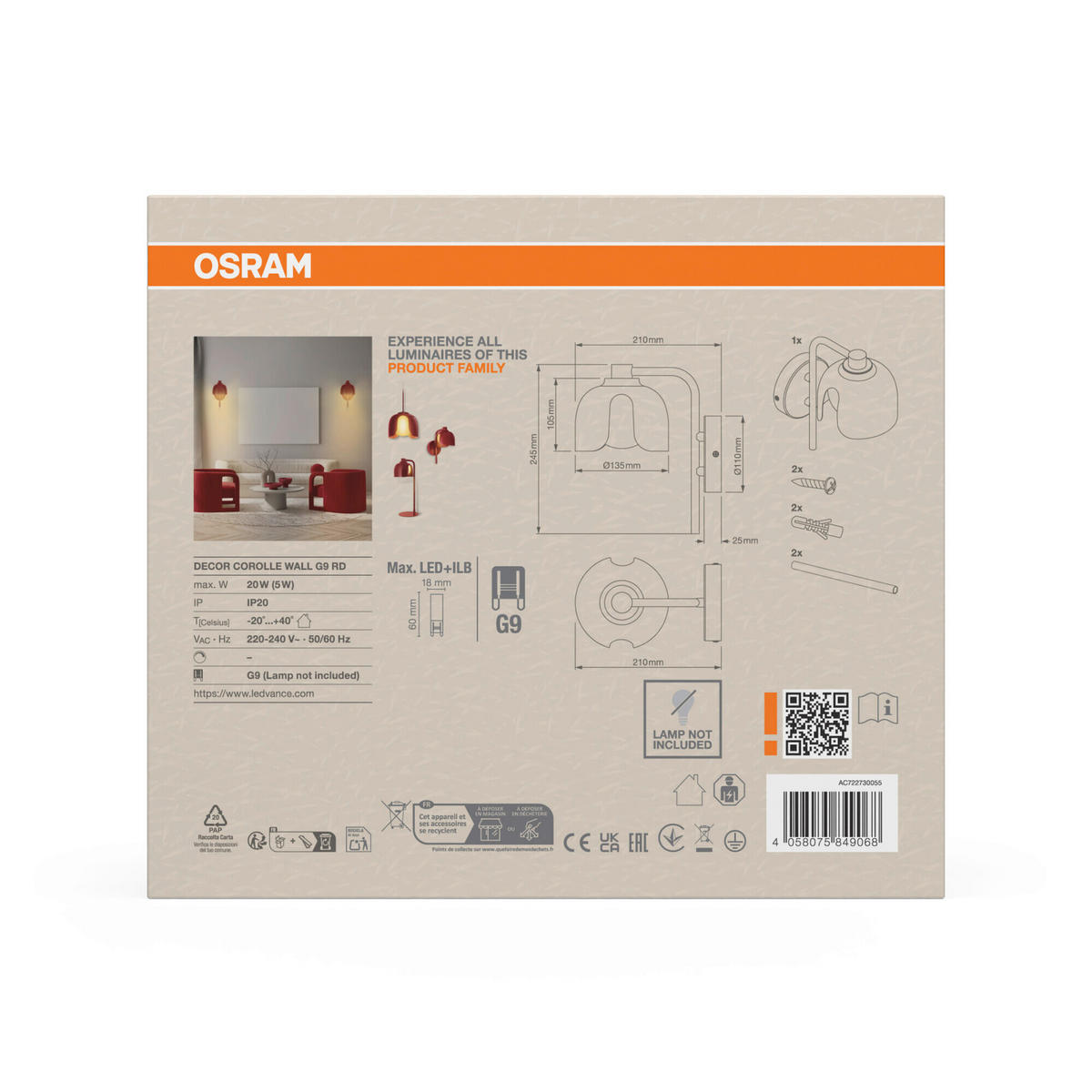 WANDLEUCHTE 13,5/21/24,5 cm   - Rot, Basics, Glas/Metall (13,5/21/24,5cm) - Osram