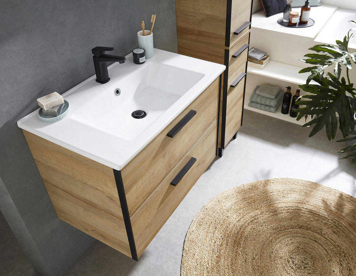 BADEZIMMER 3-teilig  in  - Eichefarben/Schwarz, Natur, Keramik/Holzwerkstoff (75/200/45cm) - Xora