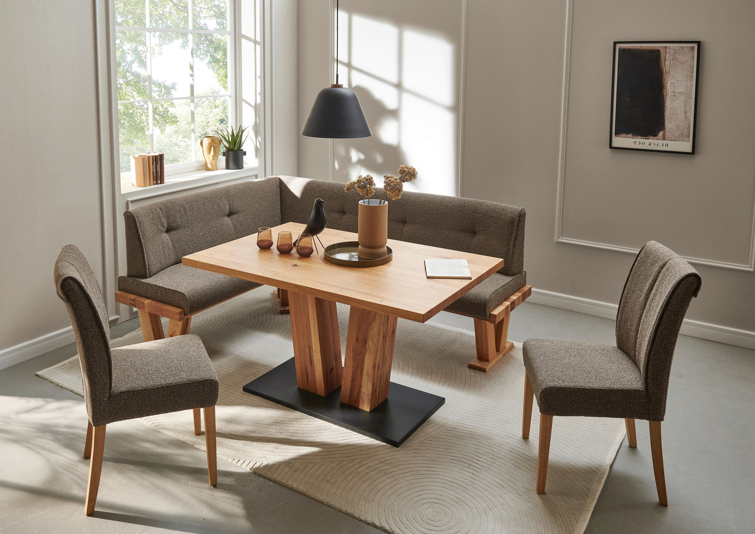 ECKBANK 205/155 cm Jacquard, Flachgewebe Braun Balkeneiche massiv   - Eichefarben/Braun, Natur, Holz/Textil (205/155cm) - Moderano