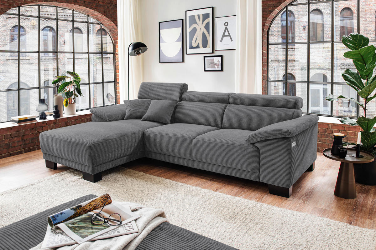ECKSOFA in Cord Dunkelgrau  - Dunkelgrau/Schwarz, Design, Holz/Textil (174/270cm) - Pure Home Lifestyle