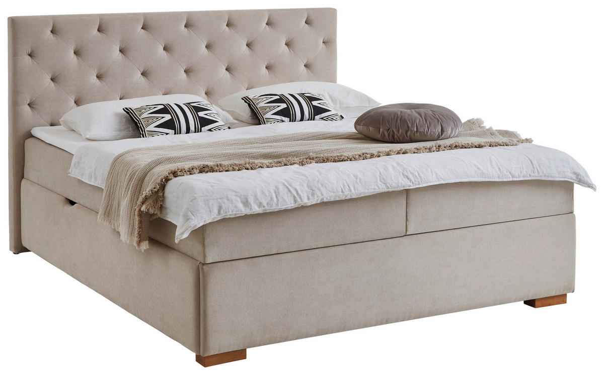 BOXBETT 180/200 cm,  in Creme, Matratze, gepolstertes Kopfteil, Bettkasten, Topper, H3 = fest  - Eichefarben/Creme, Basics, Holz/Textil (180/200cm) - Boxxx