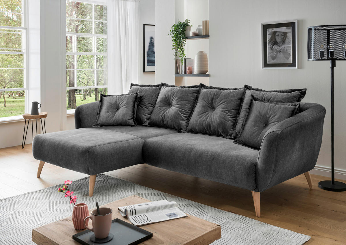 ECKSOFA in Velours Grau  - Buchefarben/Grau, Modern, Holz/Textil (162/277cm) - Livetastic