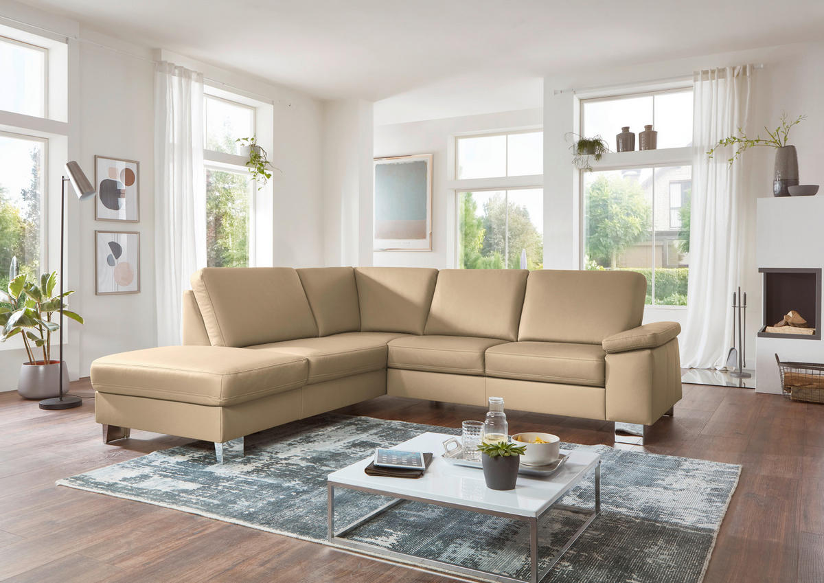 ECKSOFA  in Echtleder Beige  235/248 cm  - Beige/Alufarben, Design, Leder/Metall (235/248cm) - Beldomo Premium