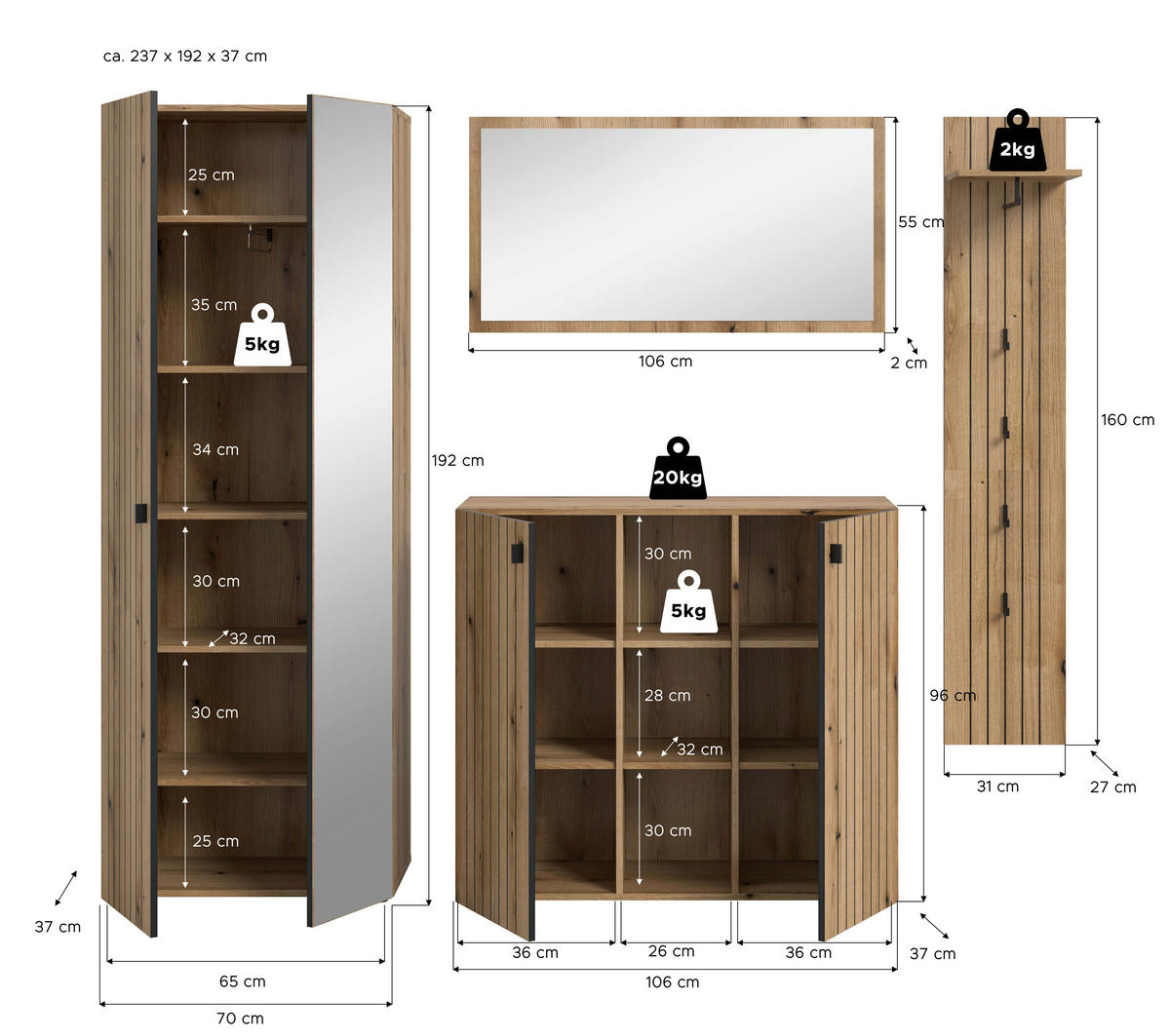 GARDEROBE 4-teilig  in 237/192/37 cm  - Eichefarben, Design, Holzwerkstoff (237/192/37cm) - MID.YOU