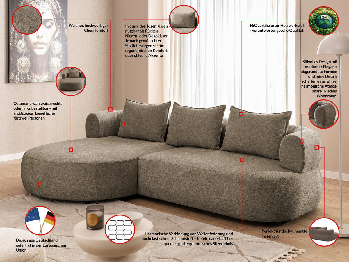 ECKSOFA FERRO Braun Chenille  - Schwarz/Braun, Design, Kunststoff/Textil (156/256cm) - Livetastic