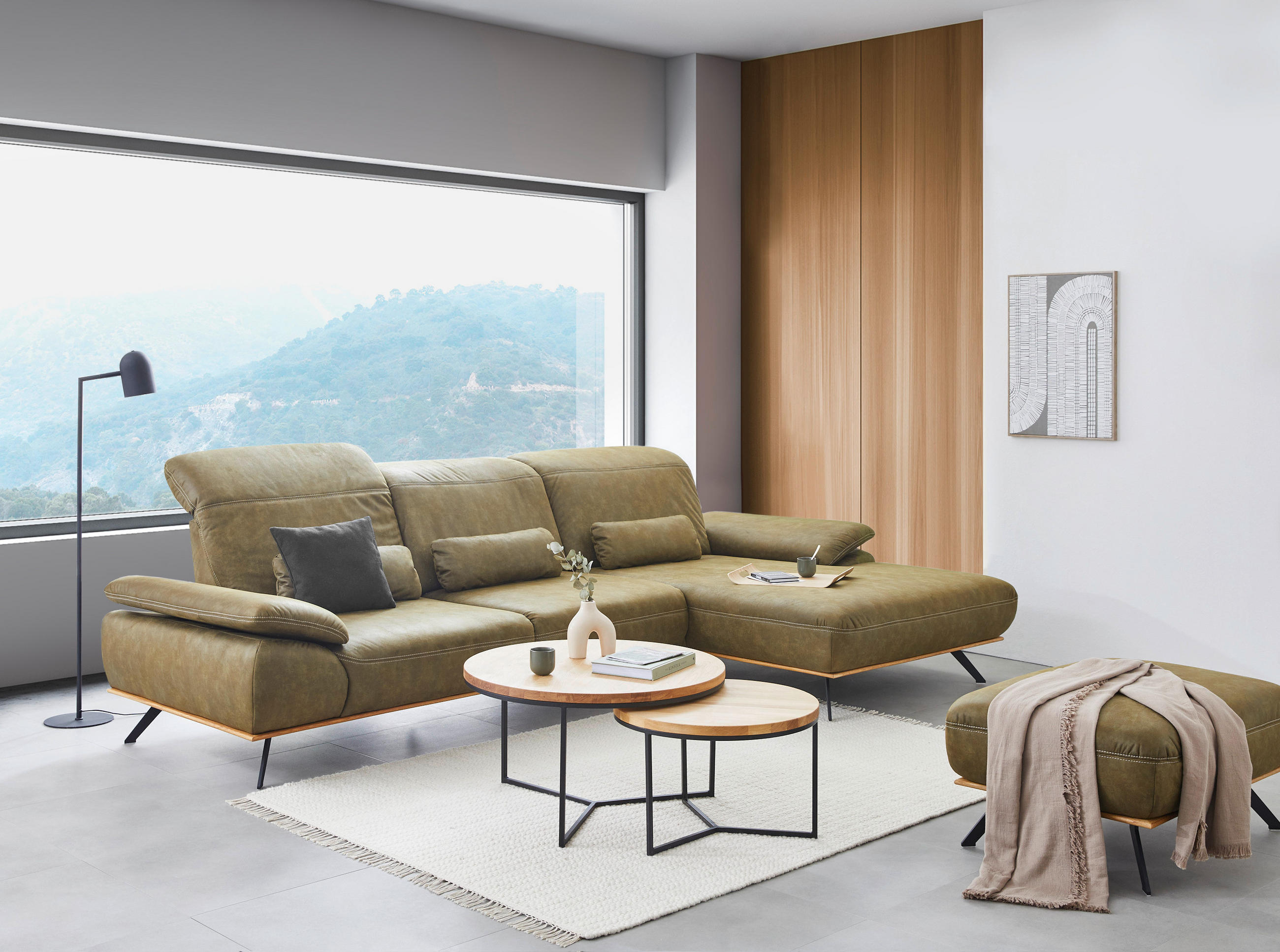 Thumbnail - Voleo Ecksofa, Grün, Textil, Wildeiche, massiv, L-Form, Ottomane rechts, 322x201 cm, Typenauswahl, Rücken echt, Fußauswa...