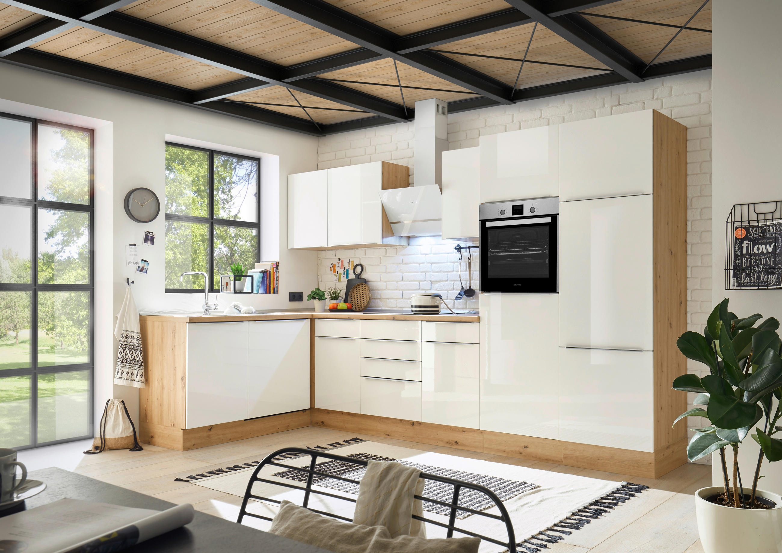 Eckküche mit Geräten 340x170 cm Weiß/Eiche Dekor, Modern