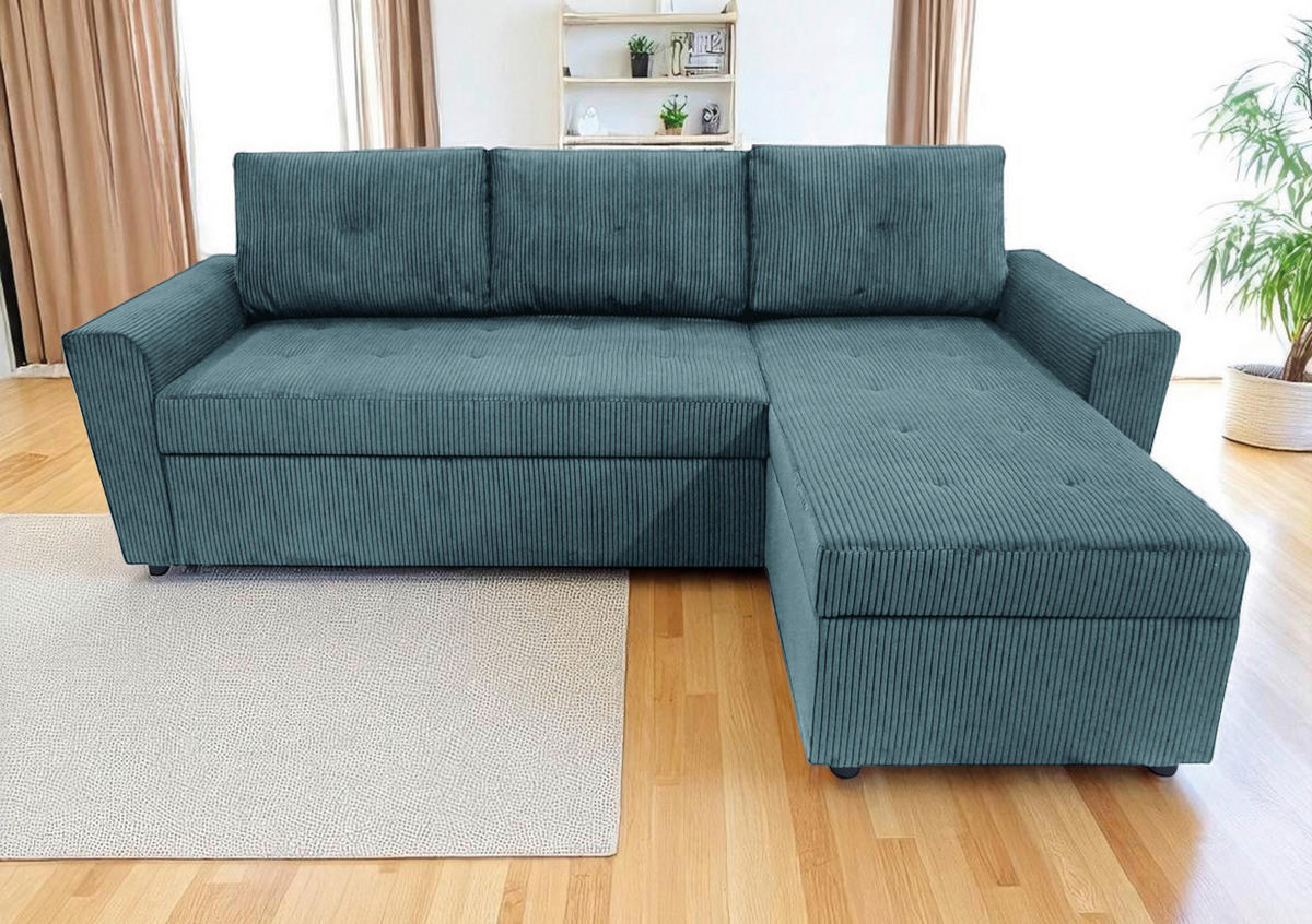 ECKSOFA TERMOLI Hellblau Cord Rückenkissen, Bettkasten  - Schwarz/Hellblau, Design, Kunststoff/Textil (231/155cm) - MID.YOU