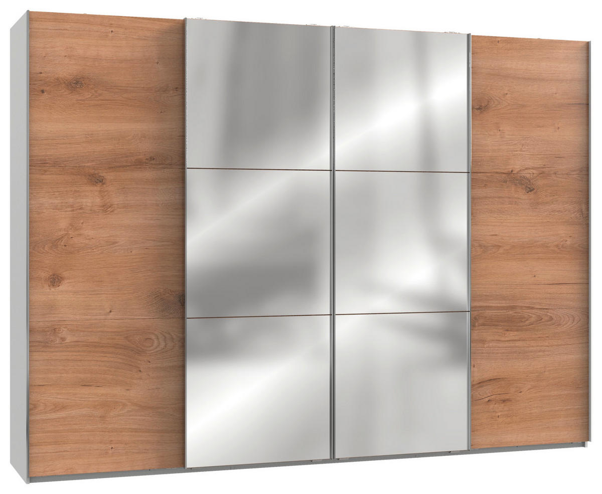 SCHWEBETÜRENSCHRANK 300/216/65 cm 4-türig Weiß, Eichefarben  - Chromfarben/Eichefarben, MODERN, Holzwerkstoff (300/216/65cm) - MID.YOU